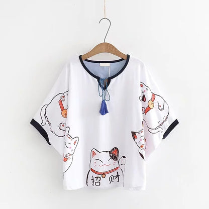 Harajuku Lucky Cat Embroidered T-Shirt – Kawaii Japanese Streetwear Tee for Women