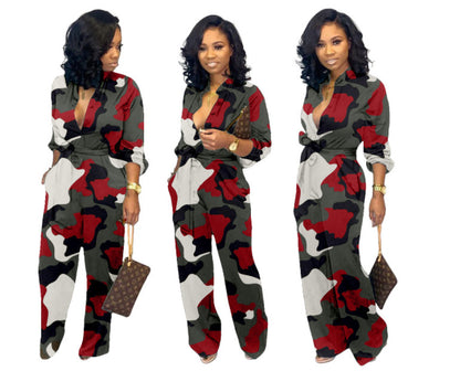 Womens Camouflage Long Sleeve Wide Leg Autumn Jumpsuit Rompers