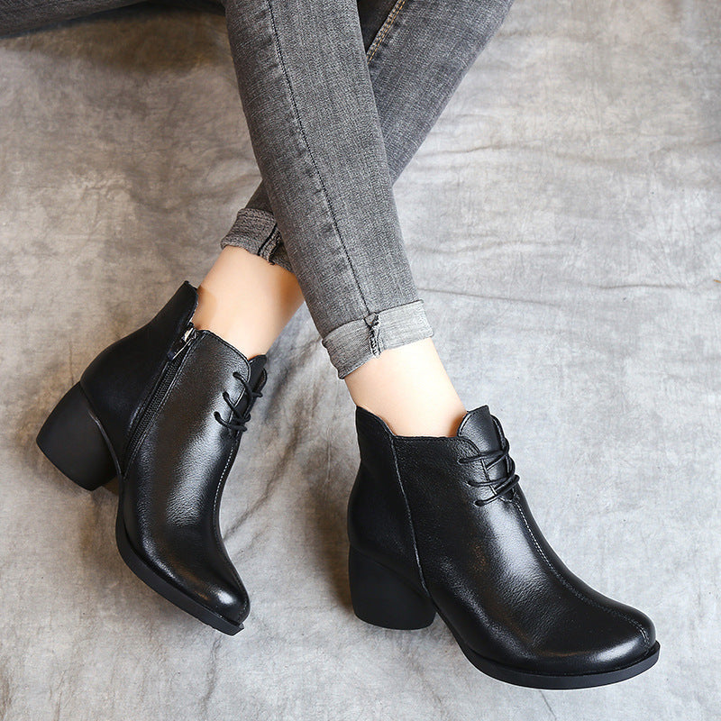 Retro-Style Leather Martin Boots for Women | Cowhide Thick Heel Vintage Footwear