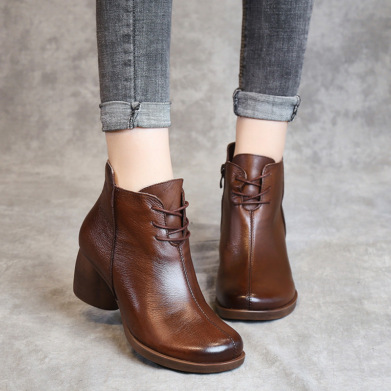 Retro-Style Leather Martin Boots for Women | Cowhide Thick Heel Vintage Footwear
