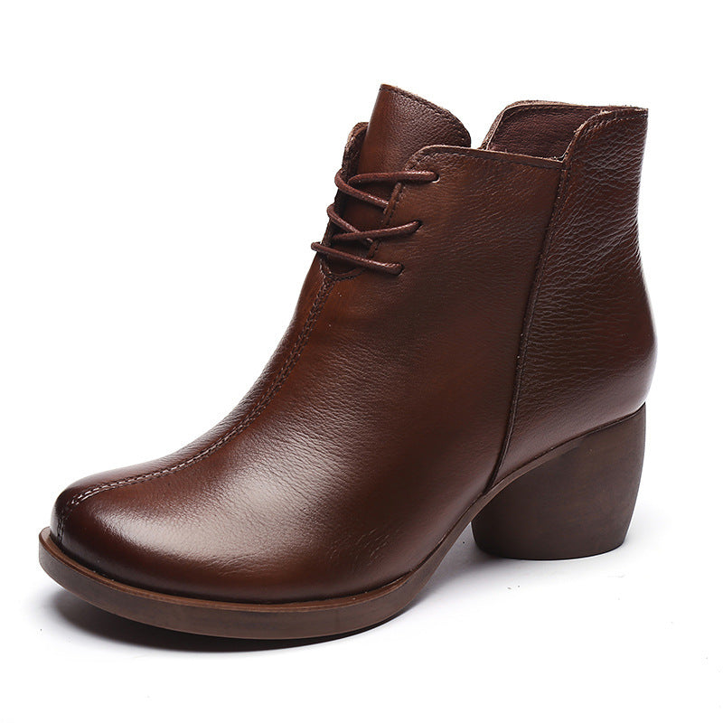 Retro-Style Leather Martin Boots for Women | Cowhide Thick Heel Vintage Footwear