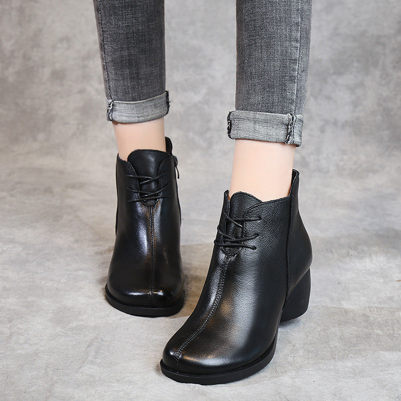Retro-Style Leather Martin Boots for Women | Cowhide Thick Heel Vintage Footwear