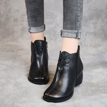Retro-Style Leather Martin Boots for Women | Cowhide Thick Heel Vintage Footwear