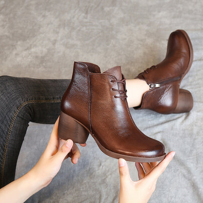 Retro-Style Leather Martin Boots for Women | Cowhide Thick Heel Vintage Footwear