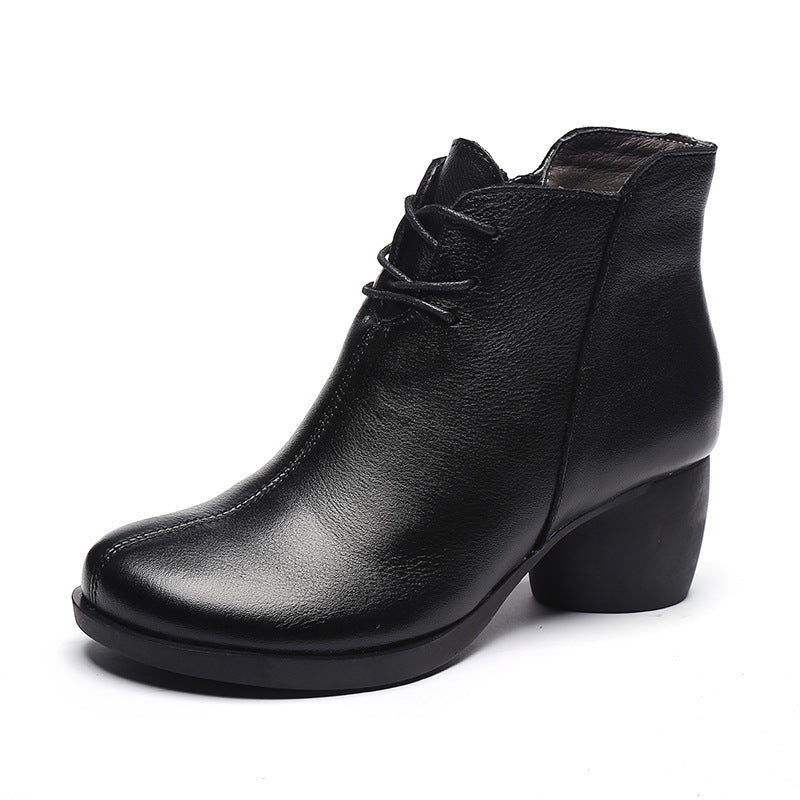Retro-Style Leather Martin Boots for Women | Cowhide Thick Heel Vintage Footwear