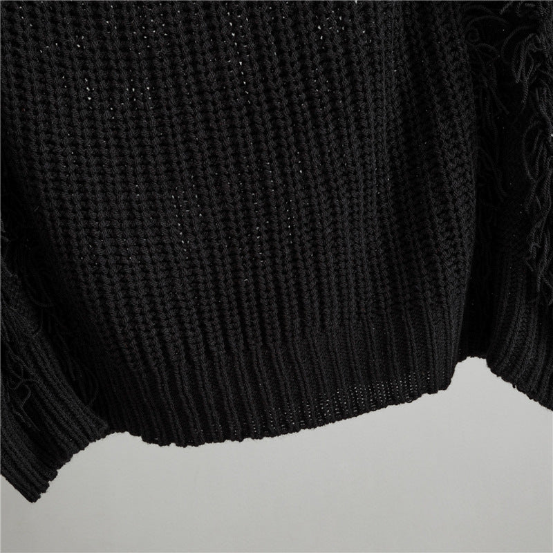 Loose V-neck Tassel Female Idle Style Long Sleeve Pullover Top