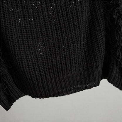 Loose V-neck Tassel Female Idle Style Long Sleeve Pullover Top