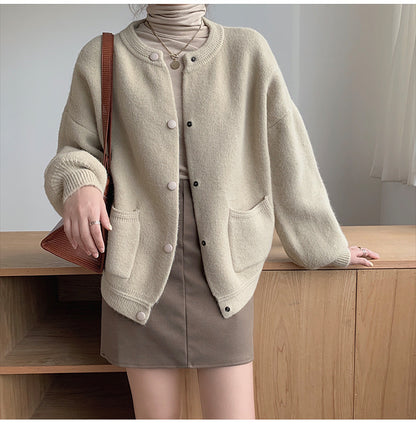 Women’s Straight Tube Knitted Cardigan – Solid Color Polyester, Chic Office & Casual Outfit