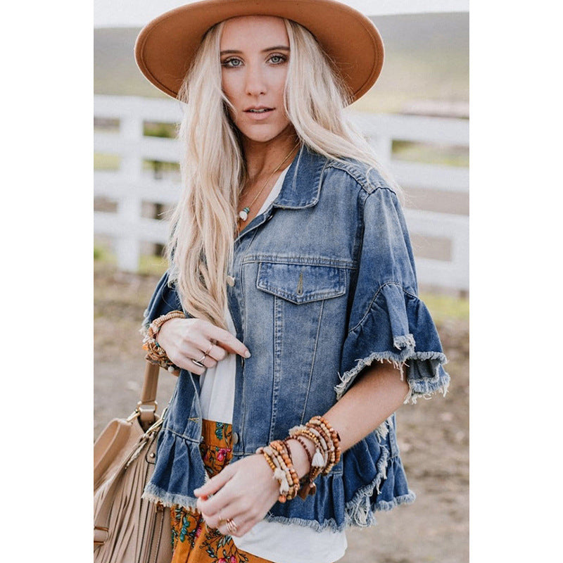 Casual Spring Autumn Blue Denim Coats