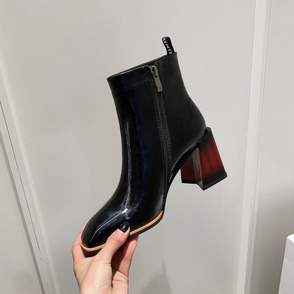 Square Heel Patent Leather Brillant Ankle Boots
