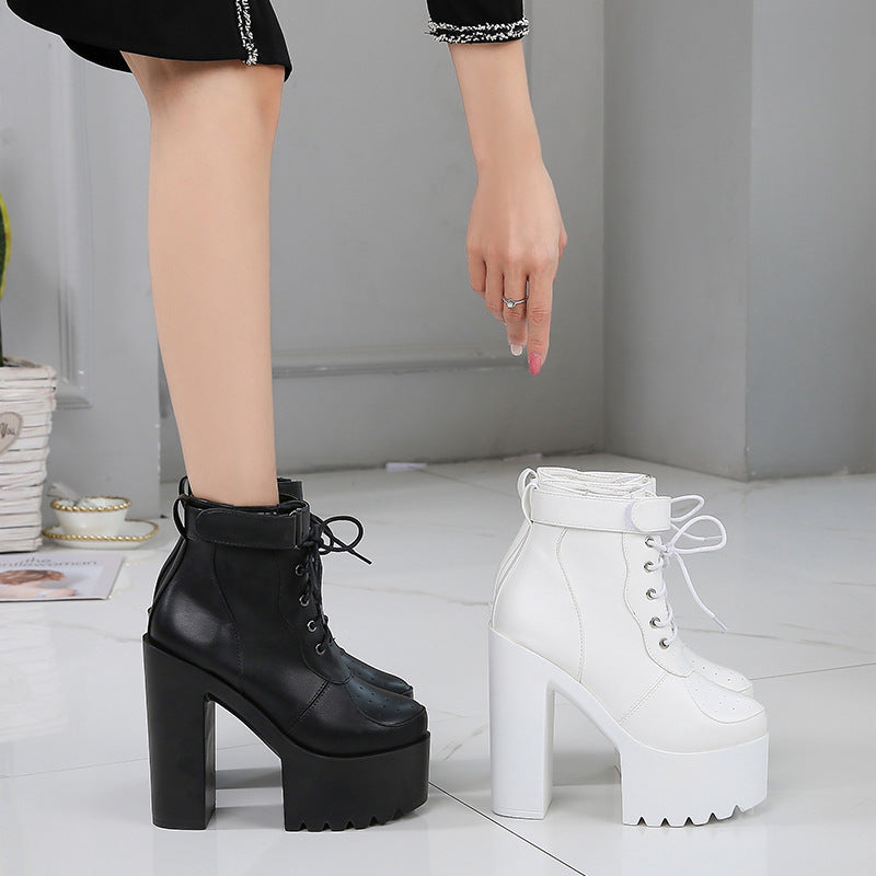 Trendy High Heel Cross Laced Up Mid Calf Boots