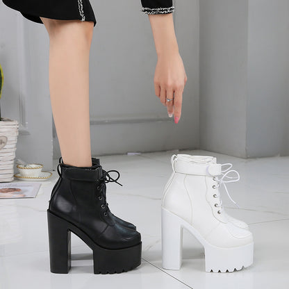 Trendy High Heel Cross Laced Up Mid Calf Boots