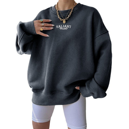 Cozy Round Neck Letter Printed Pullover Sweater for Women