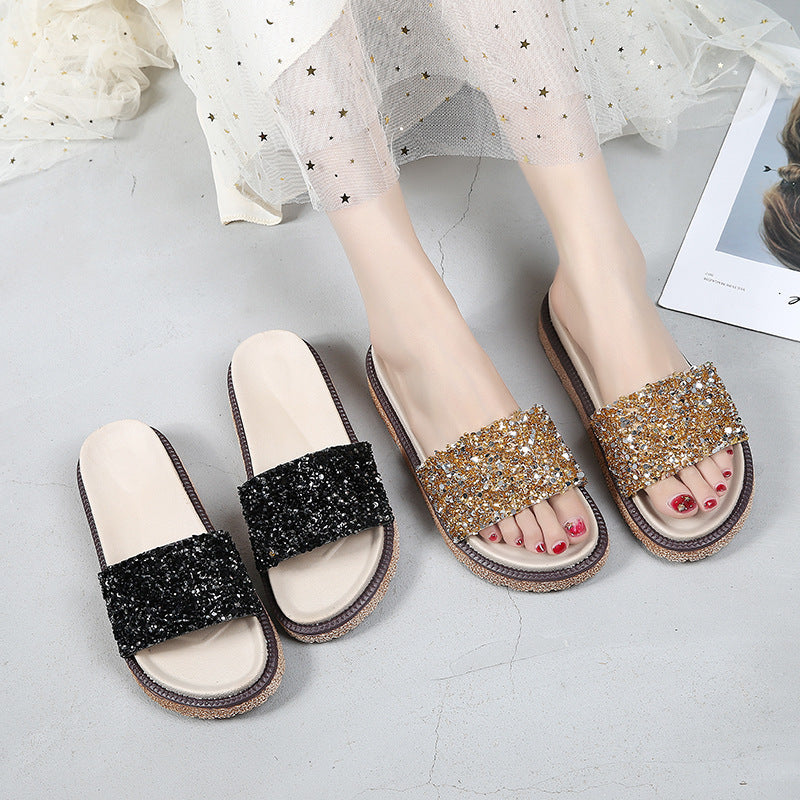 Korean Style Rhinestone & Sequin Slippers – Women’s Elegant Low Heel Flats