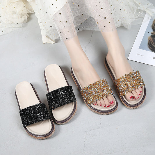 Korean Style Rhinestone & Sequin Slippers – Women’s Elegant Low Heel Flats