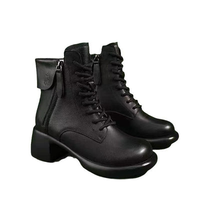 Thick-Bottom Ankle Boots for Women | Chunky Heel PU Leather Round Toe Boots