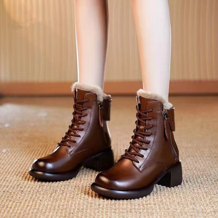 Thick-Bottom Ankle Boots for Women | Chunky Heel PU Leather Round Toe Boots