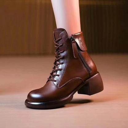 Thick-Bottom Ankle Boots for Women | Chunky Heel PU Leather Round Toe Boots