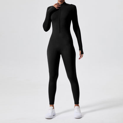 Sporty Fitness Jumpsuit Zipper Closure Long Sleeve Skinny Workout Attire