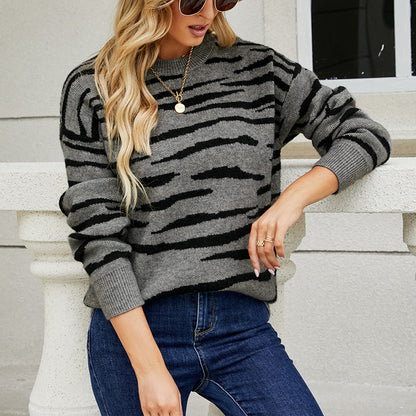 Autumn & Winter Striped Tiger Pattern Pullover Sweater for Women