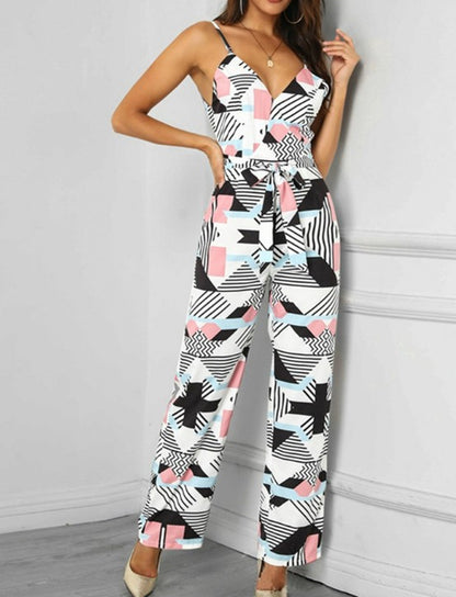 Printed Suspender Wide-Leg Jumpsuit for Women – Casual Middle-Waist One-Piece Outfit