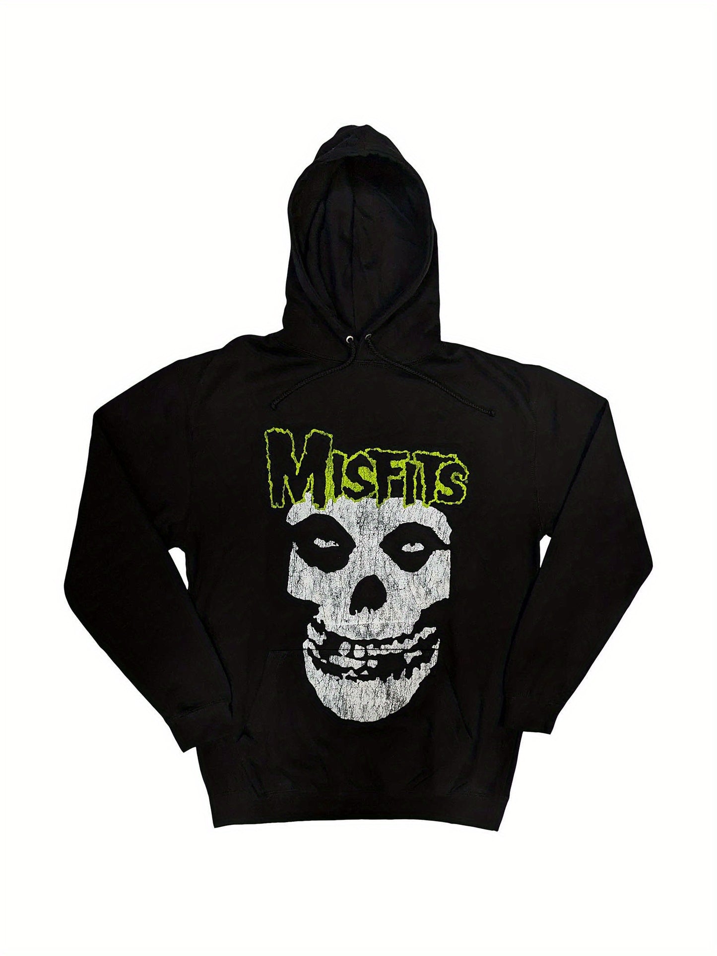 Black hoodie with a skull design and 'Misfits' text on a white background