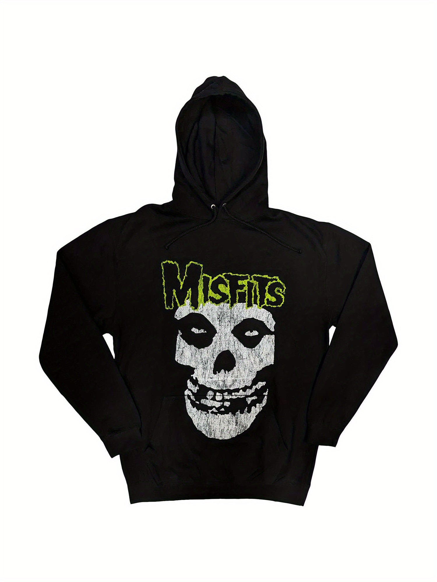 Black hoodie with a skull design and 'Misfits' text on a white background