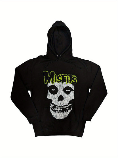 Black hoodie with a skull design and 'Misfits' text on a white background