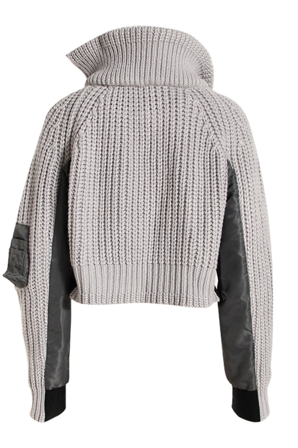 Gray knit hoodie with black accents on a white background