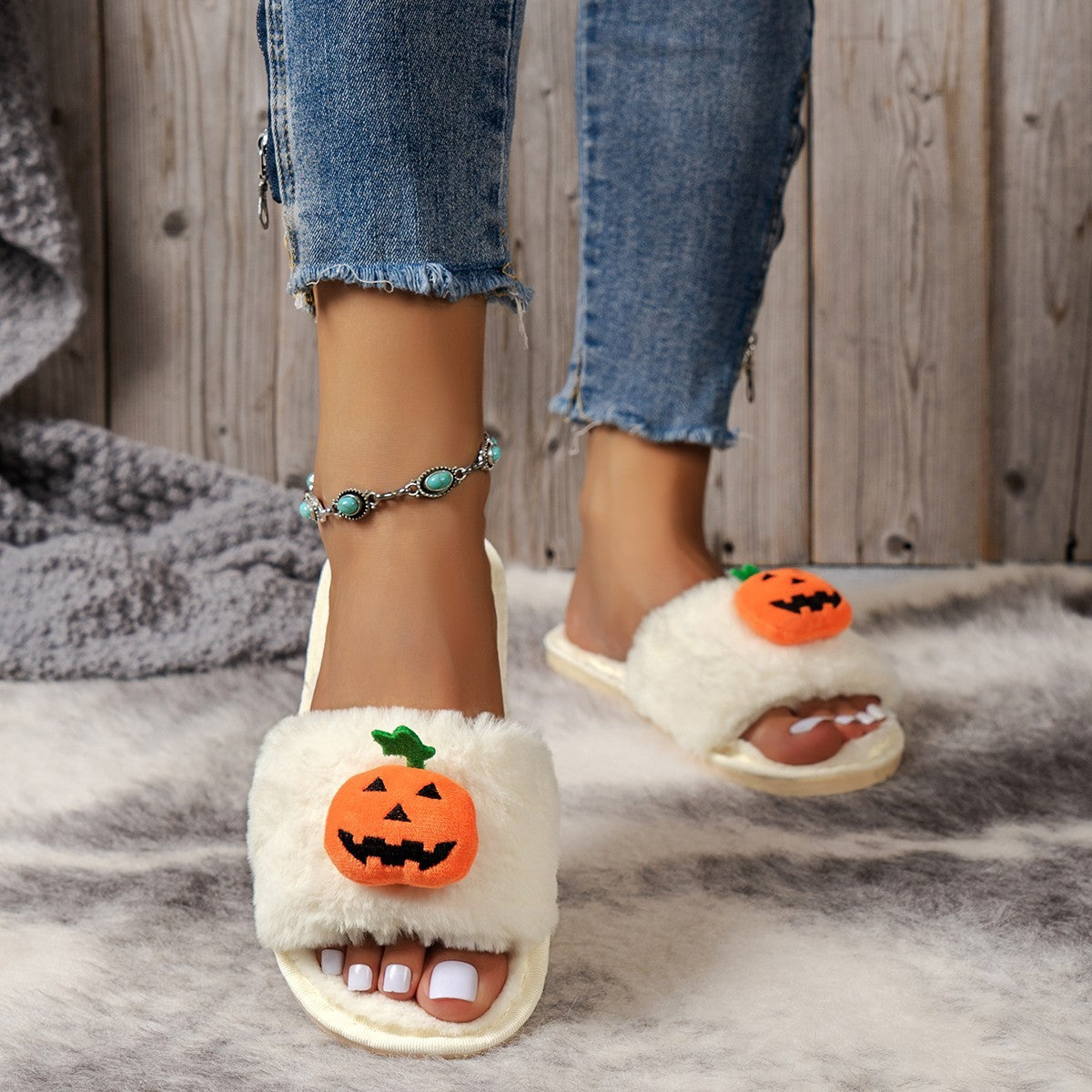 Halloween Pumpkin Plush Slippers – Cozy Open Toe House Shoes