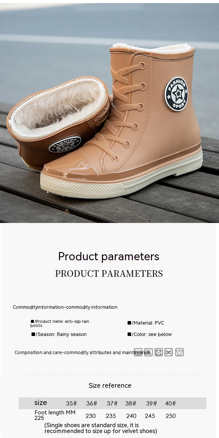 Chic Ankle-Length PVC Rain Boots for Women | Flat Heel Fleece-Lined Footwear