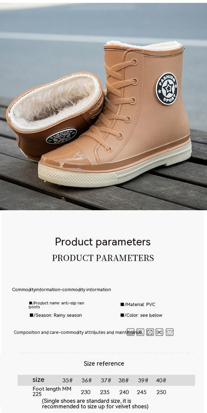 Chic Ankle-Length PVC Rain Boots for Women | Flat Heel Fleece-Lined Footwear
