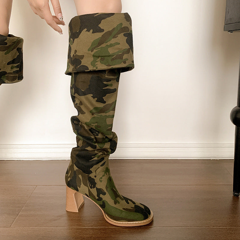 Women’s Camouflage Denim Long Boots | High Chunky Heel Statement Boots