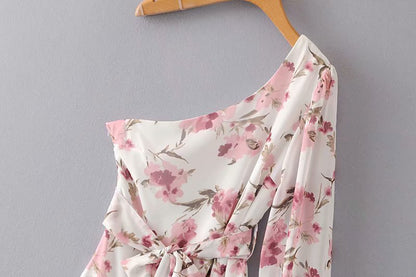 French Style Flare One Shoulder Daisy Printed Summer Dress