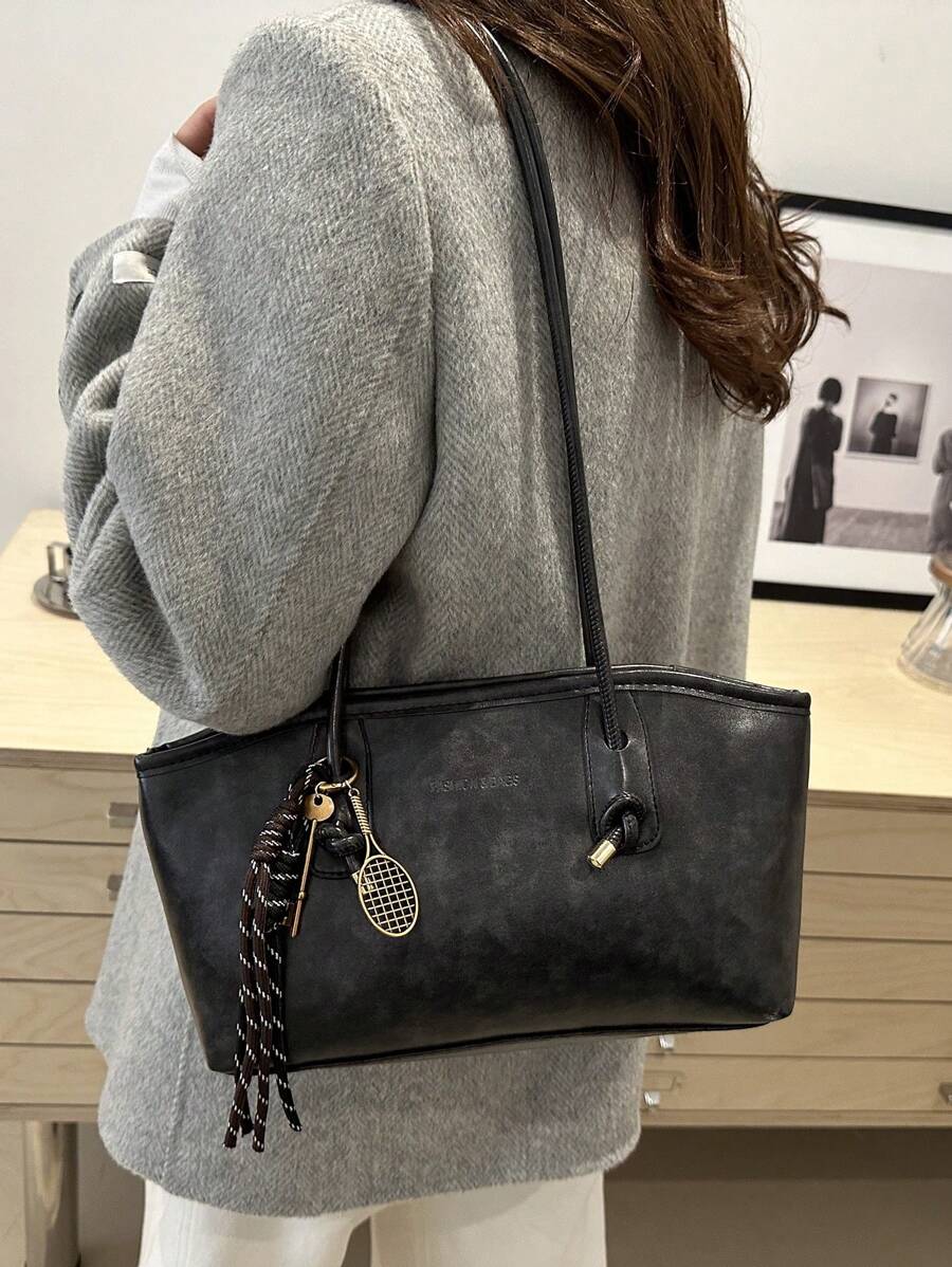 Coffee Brown PU Leather Bowling Bag – Letter Print, Lace-Up Detail & Double Handle