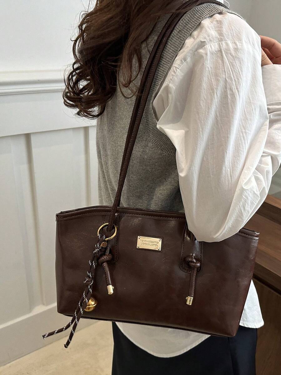 Coffee Brown PU Leather Bowling Bag – Letter Print, Lace-Up Detail & Double Handle