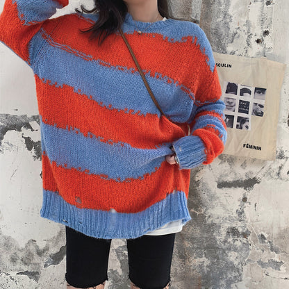 Multicolor Striped Loose Sweater – Casual Round Neck Knit Pullover for Women