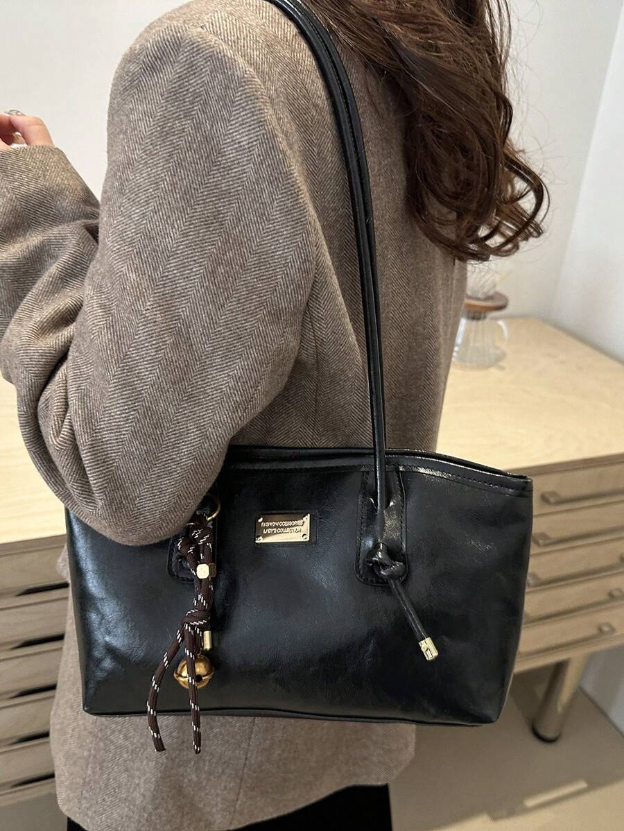 Coffee Brown PU Leather Bowling Bag – Letter Print, Lace-Up Detail & Double Handle