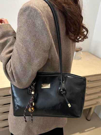 Coffee Brown PU Leather Bowling Bag – Letter Print, Lace-Up Detail & Double Handle