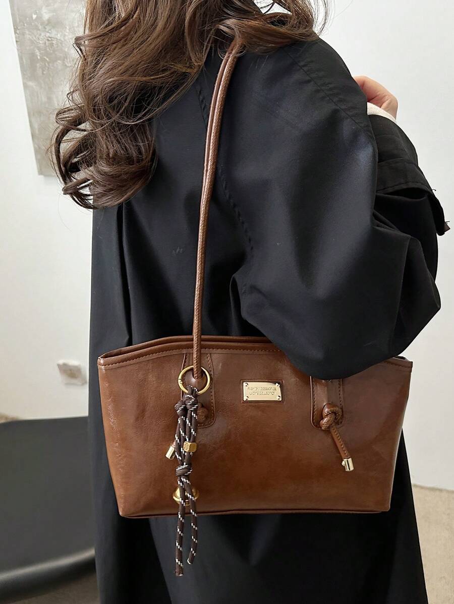 Coffee Brown PU Leather Bowling Bag – Letter Print, Lace-Up Detail & Double Handle