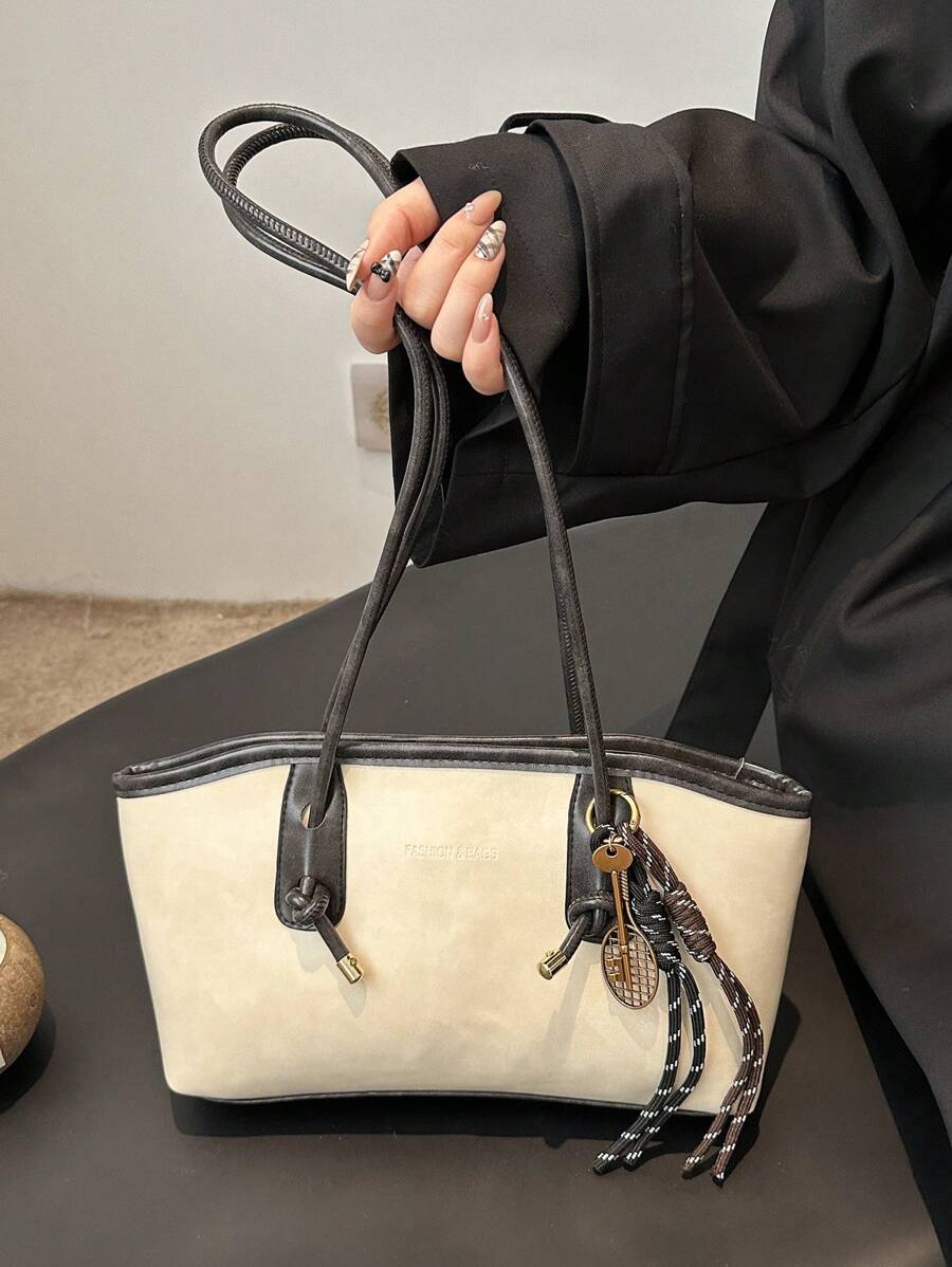 Coffee Brown PU Leather Bowling Bag – Letter Print, Lace-Up Detail & Double Handle