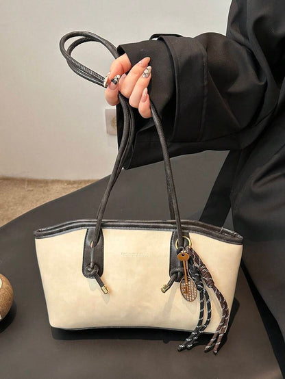 Coffee Brown PU Leather Bowling Bag – Letter Print, Lace-Up Detail & Double Handle