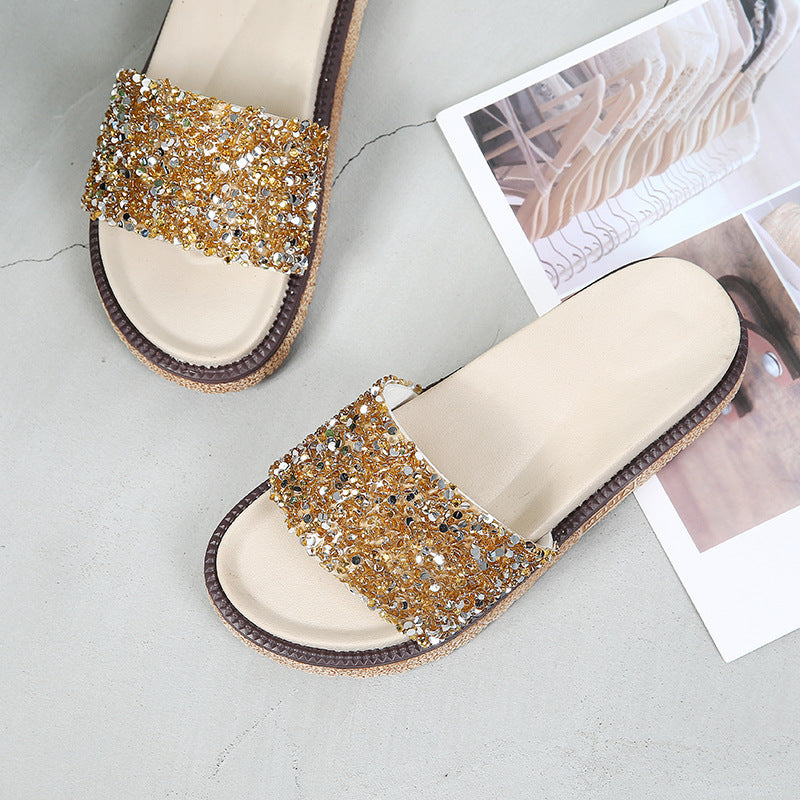 Korean Style Rhinestone & Sequin Slippers – Women’s Elegant Low Heel Flats