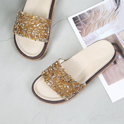 Korean Style Rhinestone & Sequin Slippers – Women’s Elegant Low Heel Flats