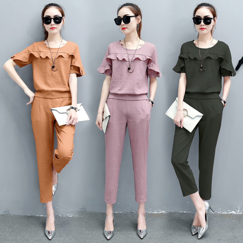 Ruffle Design Top Short Two Piece Outfit Sets