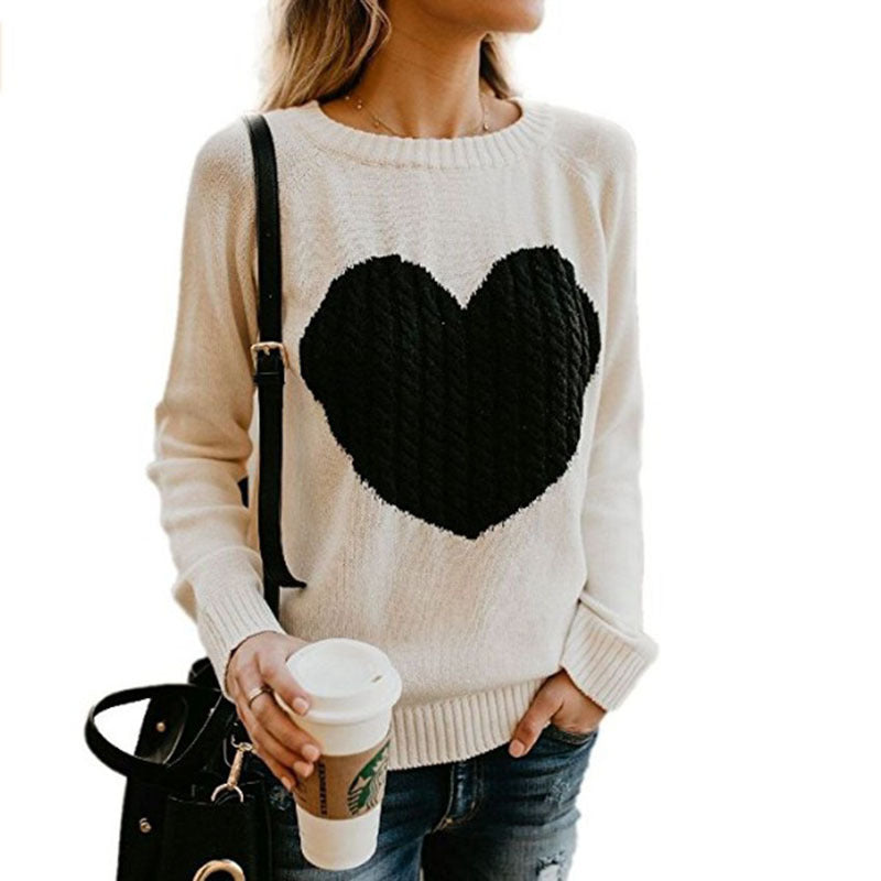 Women's Autumn & Winter Heart Pattern Pullover – Casual O-Neck Loose Knit Sweater