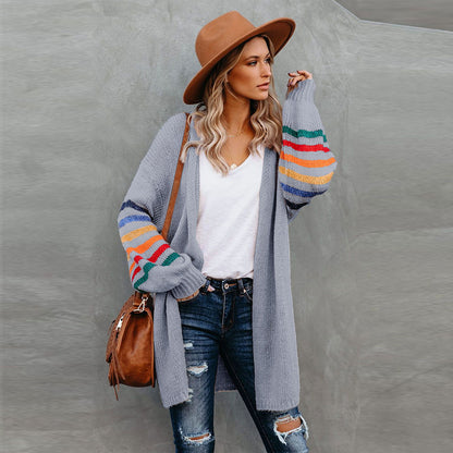 Rainbow Striped Cardigan Sweater for Women – Colorful Polyester Pullover, Cute Casual & Winter Outfit