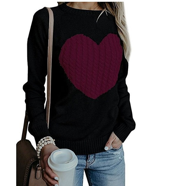 Women's Autumn & Winter Heart Pattern Pullover – Casual O-Neck Loose Knit Sweater