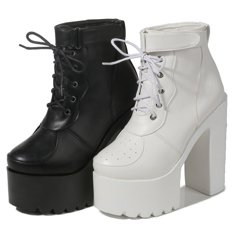 Trendy High Heel Cross Laced Up Mid Calf Boots