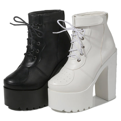 Trendy High Heel Cross Laced Up Mid Calf Boots